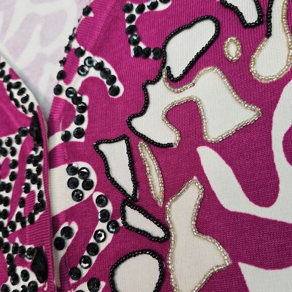 Chicos Cardigan Sweater Womens Size 1 Pink White Sequin Beaded Silk Blend V Neck - Picture 6 of 11